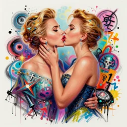 colorful sketch, ultra detailed, fashion, magic, beautiful woman, kiss scarlett johansson, surreal decorations, in style of jean - michel basquiat, trending on artstation