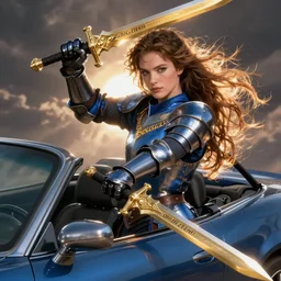 dragon fight vs knight in a car, knight in blue armor and wields a gold sword, greg manchess