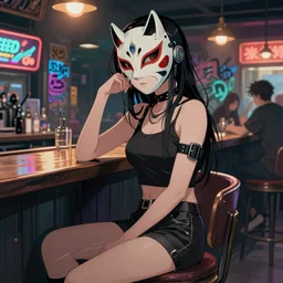 cyberpunk anime girl sit in a night bar, cyberpunk oni mask, 3 / 4 shot, street night, beautiful face, grafity, arcane, action, detail, good face, pose model, concept art, in style of yoji shinkawa, pan ren wei, col price, atey ghailan, by greg rutkowski, aesthetic, digital painting