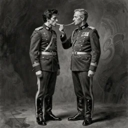 portrait of adam driver feeding john oliver, standing together, stoic, full body, military uniform, fantasy, intricate, elegant, beautiful, highly detailed, charcoal, centered, dark, smokey, digital painting, artstation, concept art, smooth, sharp focus, illustration, art by artgerm and greg rutkowski and alphonse mucha
