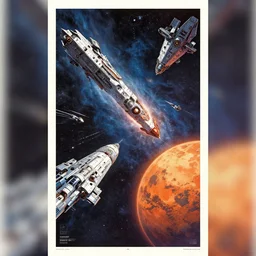 retro futuristic sci - fi poster by moebius and greg rutkowski, epic spaceships battle, nebulae, planet mars