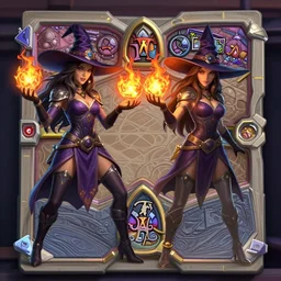 Symmetrical Hearthstone official professional art, with realistic beautiful body & face & eyes. Every following words is insanely important: A sorceress with a witch hat casting a fire ball. Completly coherent and well drawned physical every single body parts, ArtStation. Insanely well constitued human body