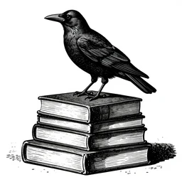 crow perched on top of a stack of books, art by james o barr and albrecht durer, woodblock print, engraved, black and white, vector, vector art