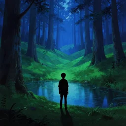 silhouette of a boy in a hilly green blue fantasy redwood forest with ponds at dusk. perspective landscape fantasy. high contrast, strong shadows. deep colorful soft gradients, rich blue tones. by norman rockwell, johfra bosschart, and eyvind earle. artstation