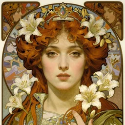 realistic detailed face portrait of a beautiful young medieval queen of lilies by Alphonse Mucha, Ayami Kojima, Amano, Greg Hildebrandt, and Mark Brooks, Art Nouveau, Neo-Gothic, gothic