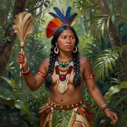 a beautiful painting of an indigenous woman celebrating in the jungle, digitial painting, highly detailed
