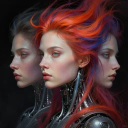 beautiful face of goddess with a vibrant hair by asher brown durand, center, profile picture, portrait by pantokrator, cybernetic cyborg by beksinski, transcending into divine by beksinski, detailed artwork, 4 k hd, surrealizm, dark