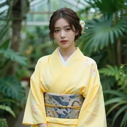 a portrait of beautiful woman wearing a yellow kimono in a tropical greenhouse, bokeh, cinematic colors