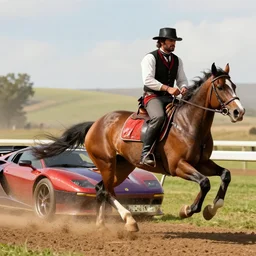 Arthur Morgan from red Dead redemption 2 on a horse racing with sports cars