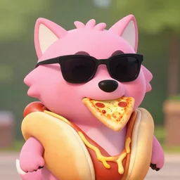 portrait of a pink anthropomorphic cartoon wolf wearing sunglasses and a hot dog costume with a slice of pizza in its mouth