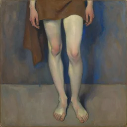 expressive painting of a young woman with long legs, brown and blue palette, oil painting, muted colors, artwork by lucian freud, arnold bocklin