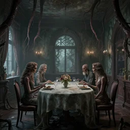 a serene and tranquil dining room, haunted house, masterpiece, unease, grasping pseudopods, detailed human figures, rhads!!!, magical realism, urban fantasy, ( h. r. giger )