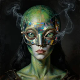 a baroque neoclassicist close - up portrait of an green and black alien woman with big glowing eyes wearing an iridescent reflective retrofuturistic lovecraftian tribal mask and white warpaint. head, face and shoulders, foggy black background. white smoke. renaissance portrait painting. sci - fi retrofuture. highly detailed science fiction painting by norman rockwell, frank frazetta, syd mead and moebius. rich colors, high contrast, gloomy atmosphere, dark background. trending on artstation.