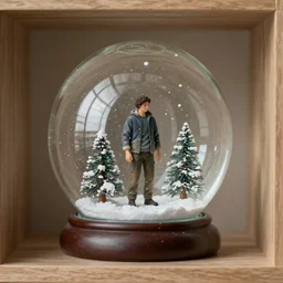 man inside a giant snowglobe on a shelf
