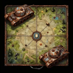2 d square overhead view, digital painted rusted dieselpunk tank virtual tabletop asset sheet, roll 2 0, 2 - minute tabletop, battle map prop, black background, unity asset store, by greg rutkowski, trending on artstation
