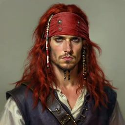portrait of a young ruggedly handsome but charming pirate, male, masculine, upper body, red hair, long hair, d & d, fantasy, full lips, intricate, elegant, highly detailed, digital painting, artstation, concept art, matte, sharp focus, illustration, art by artgerm and greg rutkowski and alphonse mucha