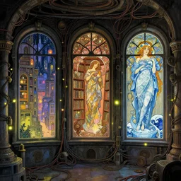 underground windows, steampunk city, so many wires, magic library, carving on southern ice porcelain , overdetailed art, by greg rutkowski, by Alfons Mucha, complementing colors, magic, colorful lights, fireflies, detailed illustration