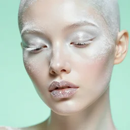 facial portrait of a sensual gelatin female humanoid, sugar crystal lips, white powder makeup, mint background, deep focus, intricate, elegant, highly detailed, photo, 8 0 s, artstation, 8 k, sharp focus, subsurface scattering, global illumination, radiant