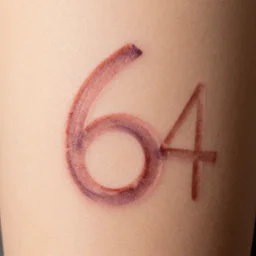 the number'6 4'written in the shape of a skin scar