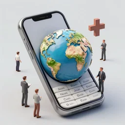 a mobile phone with a world popping half out of the mobile screen in 4 d, 4 d, detailed and intricate 4 5 degree isometric cross john berkey and vincent di fate and ralph mcquarrie