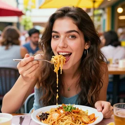 amazing beautiful photo of a beautiful woman enjoying a delicious mean. vibrant in colors, very funny, personal, positive, visually pleasing and have a human element and a sense of community. high resolution. high quality. hq hd.