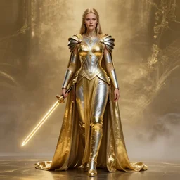 ethereal gold and silver tones, jedi warrior princess, full body, style of moebius, james jean, mcbess!!!!!, cinematic, highly detailed, award winning, 8 k photorealistic