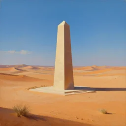 a hyper minimal monument in the middle of a desert valley in the style of caravaggio, oil painting, raytracing, 8 k, octane render, volumetric, vivid, beautiful, hyperrealism