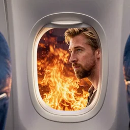 Ryan Gosling looking a huge fire at window in airplane, ilya kuvshinov landscape, very detailed, ArtStation