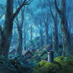 Blue wispy forest, villages, tall trees, pipes, moss, by Miyazaki, James Jean, trending on Artstation