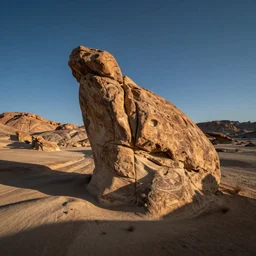 wide landscape photo of a desert with a large rock formation shaped like a vertebrae