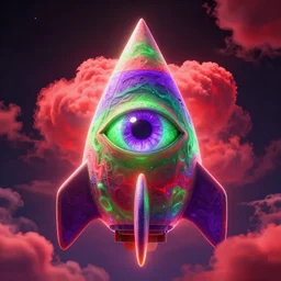 symmetrical psychedelic pyramid eye purple green red cloud in the form of an alien rocket ship, volumetric lighting, ray tracing, colorful, unreal engine