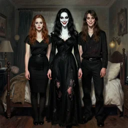 in the style of j. c. leyendecker, norman rockwell, gorgeous alyson hannigan, evil dead movie, full body shot, torn black dress, evil smile, spooky, illustration, symmetrical face realistic symmetrical eyes, bedroom setting, charlie bowater, artgerm, cinematic lighting, evil dead, undead demon, hyperdetailed
