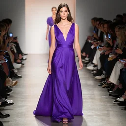 matt leblanc walking down the aisle in a fashion show, wearing a purple dress, high definition, full body