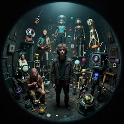 someone creating something out of nothing, art by neil gaiman, trending on artstation, dark atmospheric lighting front view synthwave, fisheye lens, magic realism, eclecticism