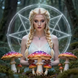 beautiful blonde woman with plaits, forest fae, psychedelic mushrooms, magic, mystical, white witch, photorealistic, portrait, sacred geometry