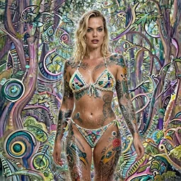 margot robbie portrait with a tattooed body posing in a magical crochet bikini in a magical forest, beautiful eyes, light rain, wet body, realistic face, full body, fantasy art, in the style of artgerm, illustration, epic, fantasy, intricate, hyper detailed, artstation, concept art, smooth, sharp focus, ray tracing, vibrant, artgerm