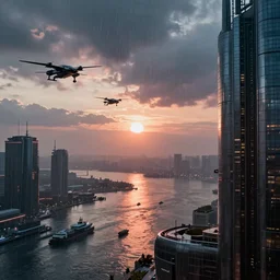 blade runner, cyberpunk, futuristic, drones in the sky, sunrise, cold, rainy, sharp focus, view from the top of a big building, water at the ground, boats,
