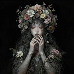 The girl made out of flowers, black background, fantasy portrait by Esao Andrews and Lisa Frank, existential horror concept art, 4k HD, trending on ArtStation