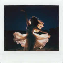 blured shadow of dancing young woman on night vision, focused background night sky with stars, polaroid photo
