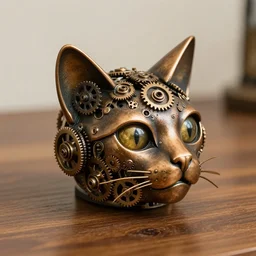 steampunk mechanical cat head, bronze, gears, on a wooden table