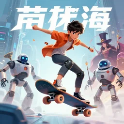 futuristic comic book cover with a youngster on a flying skater, robots and a female magician