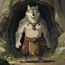 burly tough character feature portrait of the anthro male anthropomorphic wolf fursona animal person wearing tribal primitive caveman outfit belt standing in the entrance to the cave, center framed character design stylized by charlie bowater, ross tran, artgerm, makoto shinkai, detailed, soft lighting, rendered in octane