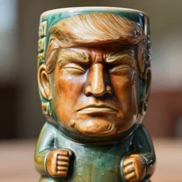 a closeup photorealistic photograph of a trader vic's tiki mug in the style of donald trump. bright scene. fine detail. this 4 k hd image is trending on artstation, featured on behance, well - rendered, extra crisp, features intricate detail, epic composition and the style of unreal engine.