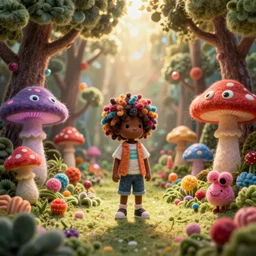 a wide angle portrait of a black boy with a colorful afro in a miniature candy forest, neon magic mushrooms with eyes by goro fujita, mark ryden and lisa frank, felt texture, volumetric wool felting, radiant light, amigurumi, macro photography, miniature world, depth of field, breathtaking landscape, detailed environment