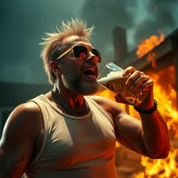 duke nukem wearing a tank top, reflective sunglasses, drinking beer, unfazed by his house being on fire, high quality, very detailed, a beautiful photo, national geographic quality
