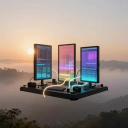 gorgeous sunrise lighting : node - based visual programming language ( glowing patch cables looping oled volumetric windows ) scale model floating in midair in front of me : brilliant daylight vr os ux emerging from the thick fog, leica 8 k still from an a 2 4 film