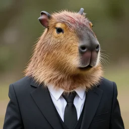 a high detail photo of an antropomorphic capybara wearing a suit, subject= duck, subject detail: wearing a suit, photorealism