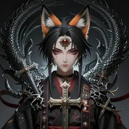 by kyoto animation, kimono techwear occultist with fox ears, chaos magick, leviathan cross, androgynous, beautiful, detailed symmetrical close up portrait, intricate complexity, in the style of artgerm and ilya kuvshinov, cel shaded, 4 k, concept art, by wlop, ilya kuvshinov, artgerm, krenz cushart, greg rutkowski, pixiv. zbrush sculpt, octane, houdini, vfx. cinematic dramatic atmosphere, sharp focus, volumetric lighting, cinematic lighting, studio quality