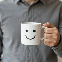 a man holding a coffee mug. the coffee mug has a smiling, cartoony face on it.