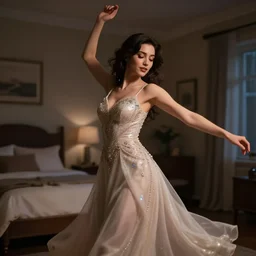 woman wearing a gown dancing in her bedroom at night, very detailed, artstation, soft lights, sharp focus, 8 k, unreal engine, heavy grain, fine facial features